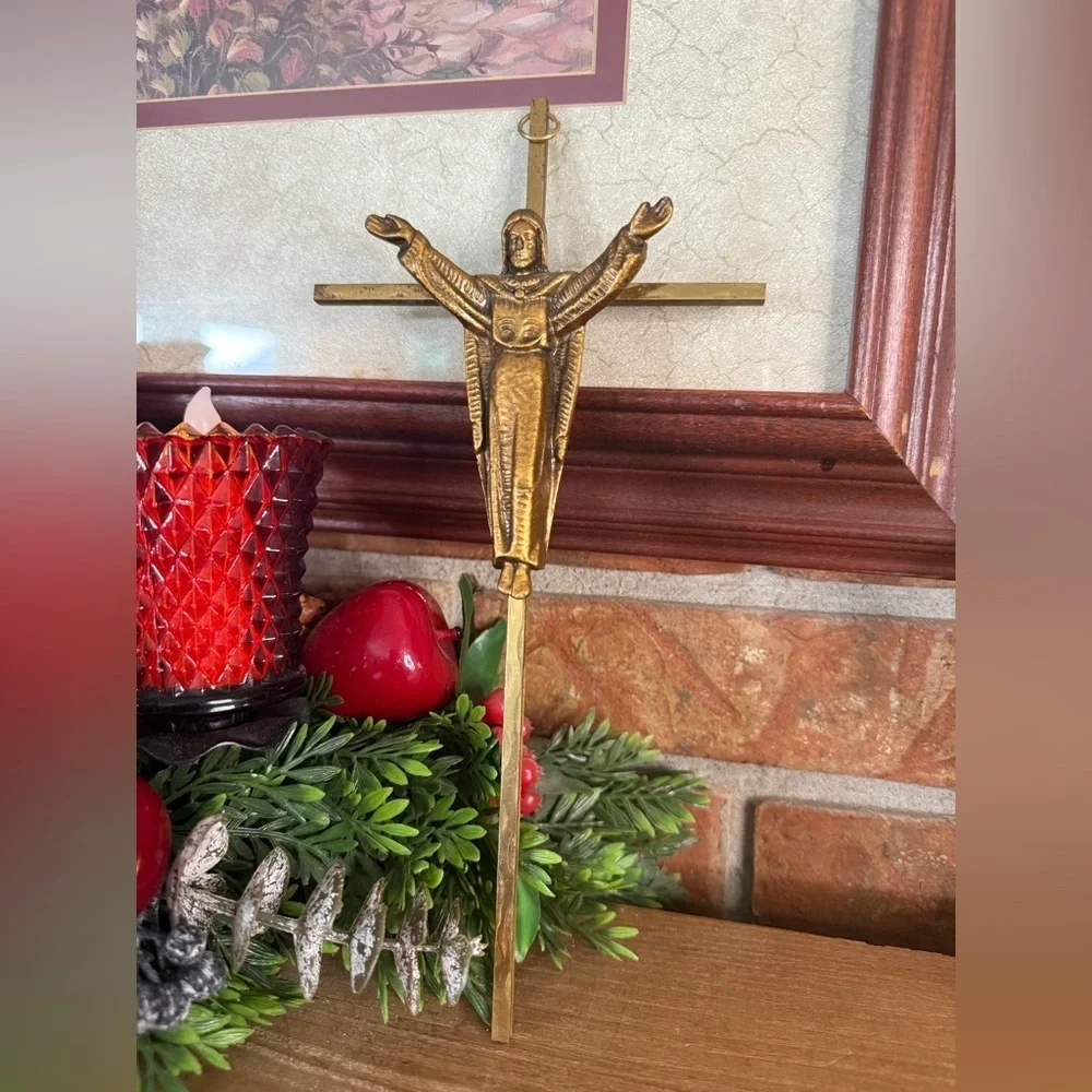 Vintage 1961 Heavy Gold Bronze Jesus Crucifix Religious Cross with Wall Holder